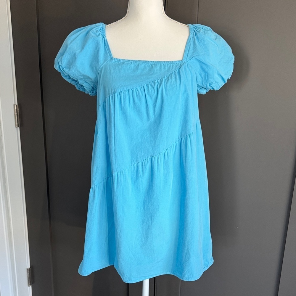 Zara Blue Mini Dress With Puff Sleeves Sz S